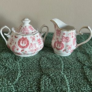 Grace Teaware Sugar Bowl Creamer Holiday Vintage Red Ivory Snowman NEW